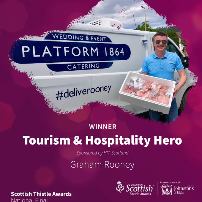 
Purple background showing image of man standing holding box of food next to a van. Text on the van reads Platform 1864, Wedding & Event catering. Text underneath reads Winner Tourism & Hospitality Hero, sponsored by HIT Scotland, Graham Rooney,Scottish Thistle Awards National Final. Scottish Thistle Awards 2022/23 in association with Johnstons of Elgin logo in bottom right corner.
