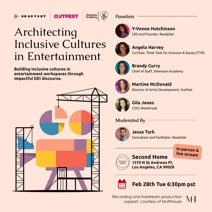 Architecting Inclusive Cultures in Entertainment
Building inclusive cultures in entertainment workspaces through impactful DEI discourse. 
Panelists: Y-Vonne Hutchinson, Angela Harvey, Brandy Curry, Martine McDonald, and Gila Jones.
Moderated by Jesse Turk