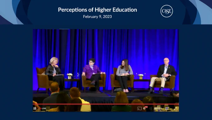 Panelists at Feb. 9, 2023, Perceptions of Higher Education event, seated on stage at the CASE District 8 conference.