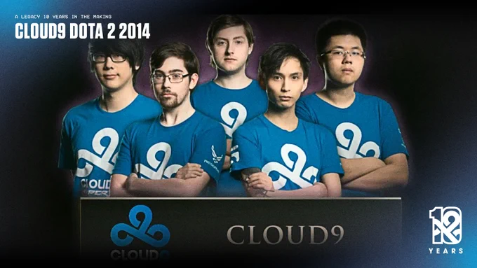 Celebrating 10 years of Cloud9 with a photo of the first iteration of the Dota 2 roster.