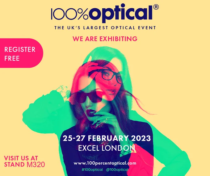 100% Optical Promo Image, featuring our location at stand M320.
