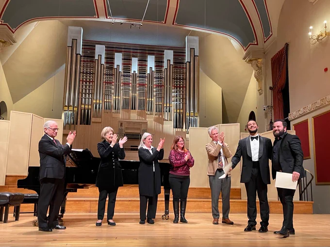 Joint winners, Vitor Bispo and Hovhannes Karapetyan, on stage after winning with Pavarotti Prize. 