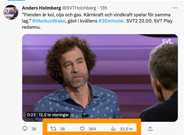 Tweet med fokus att både vindkraft och kärnkraft är bra har 33 tusen visningar och 38 retweets.