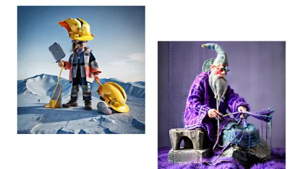 AI generated image of a construction worker in snow & a purple wizard knitting