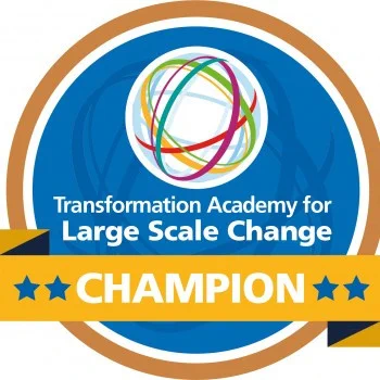 An image of a digital badge that reads Transformation Academy for Large Scale Change Champion