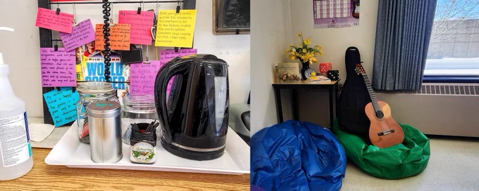 Photo 1: A table set with an electric kettle, tea, and stir sticks. Photo 2: A small table with books, flowers, and dice. Two bean bag chairs with a guitar resting on one of them.