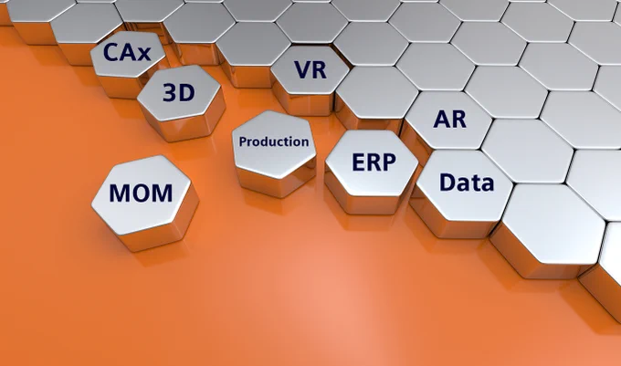 Image of silver hexagonal shapes, some labeled with "VR", "3D", "ERP", "Data" or "AR", on an orange background fitting together like a puzzle 