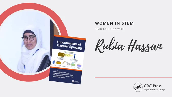 "Women in STEM" Read our Q&A with Rubia Hassan. Picture of Rubia Hassan next to a copy of her book "Fundamentals of Thermal Spraying".