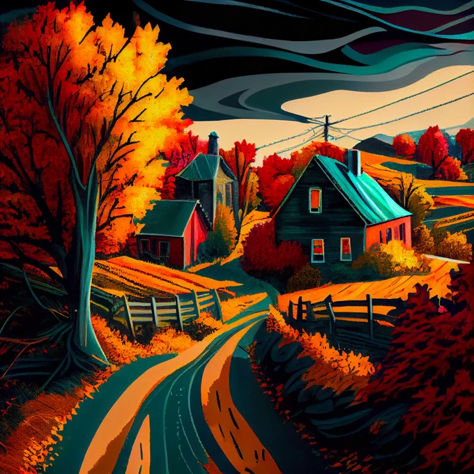 Vivid illustration of an autumn farmland scene in orange, yellow and teal