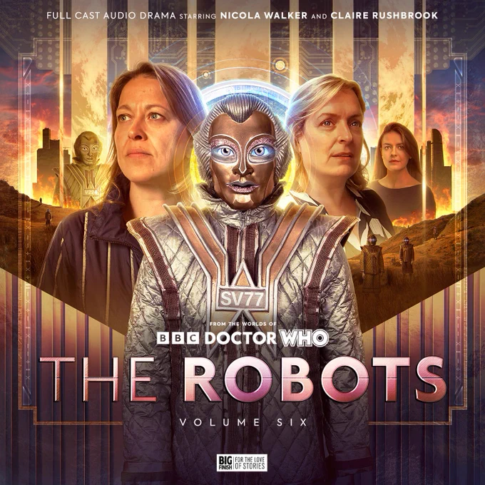 Cover artwork for The Robots Volume 6. On the cover are Liv Chenka, a robot, Tula Chenka and Graf Kirran.