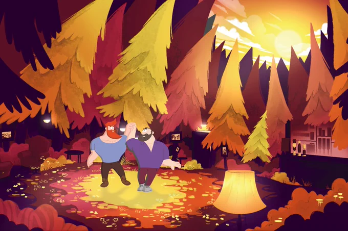Two men dancing in the forest in BFI NETWORK funded animated short, Woodland directed by James Lawson and Phil Wall