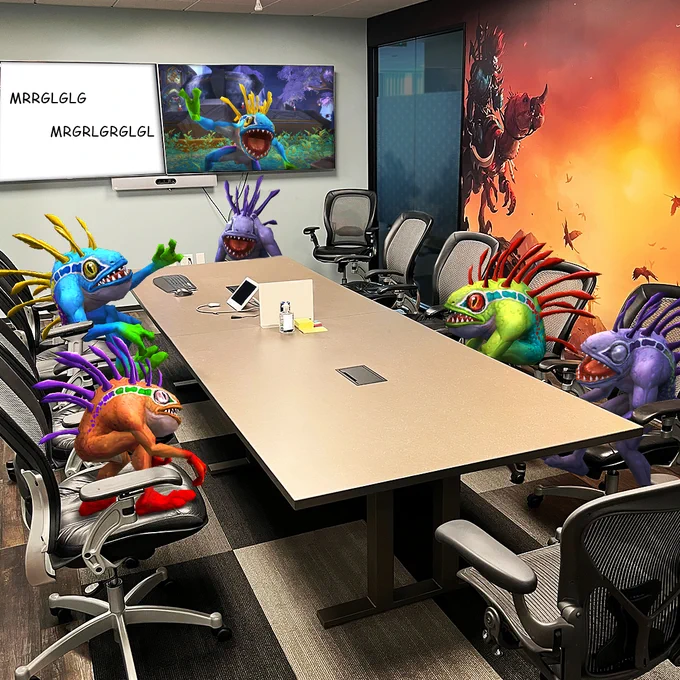 Five murlocs of different colors sit around a conference table in an office meeting room. Four of the murlocs sit around the table while one purple murloc stands at the end. On the far wall is a white board that reads “MRRGLGLG MRGRLGRGLGL”. Beside it is a screen where another murloc joins remotely.