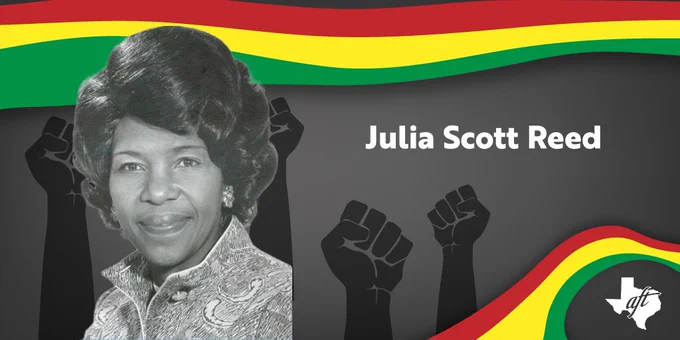 Archive photo of Julia Scott Reed with a green, yellow, and red banner and Black illustrated fists raised high.