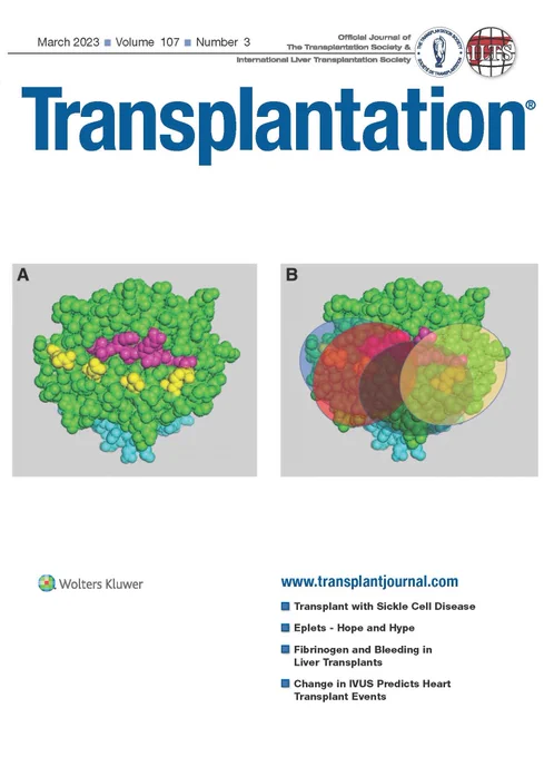 Transplantation March 2023 Volume 107 Number 3. On the cover: Can We Use Eplets (or Molecular) Mismatch Load Analysis to Improve Organ Allocation? The Hope and the Hype. Tambur et al. The difference between an eplet and an epitope: (A) 4 eplets (yellow) are depicted on the background of an HLA class I molecule (α chain—green, β2 microglobulin—light blue, peptide—pink); (B) a rough depiction of the antibody footprint/epitope, assuming each eplet is a “core” for an epitope, is represented by a circle of a different color (purple, orange, blue, and yellow). This schematic representation clearly demonstrates that the footprint of the antibody may include additional eplets, beyond the “core” eplet. It further demonstrates that there is an overlap between the area of these epitopes such that‚ if 1 antibody binds to its target, other antibodies will be blocked from accessing their cognate epitope and therefore will likely not bind... Transplantation 2023;107:605-615.