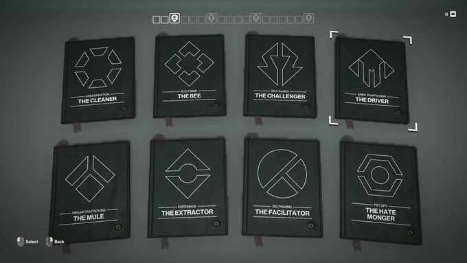 Screenshot from Hitman showing 8 contract dossiers with different codenames.