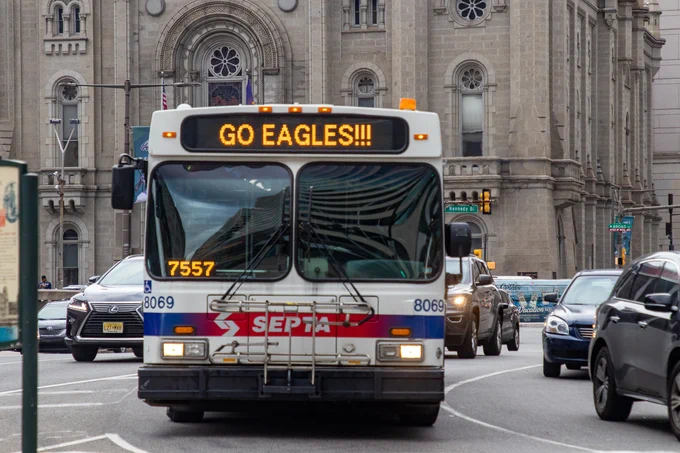 The front of a SEPTA bus with "Go Eagles!" typed on its screen.