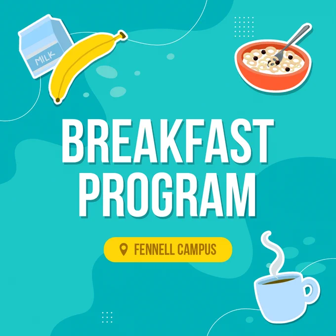 Breakfast Program graphic with doodles of breakfast items.