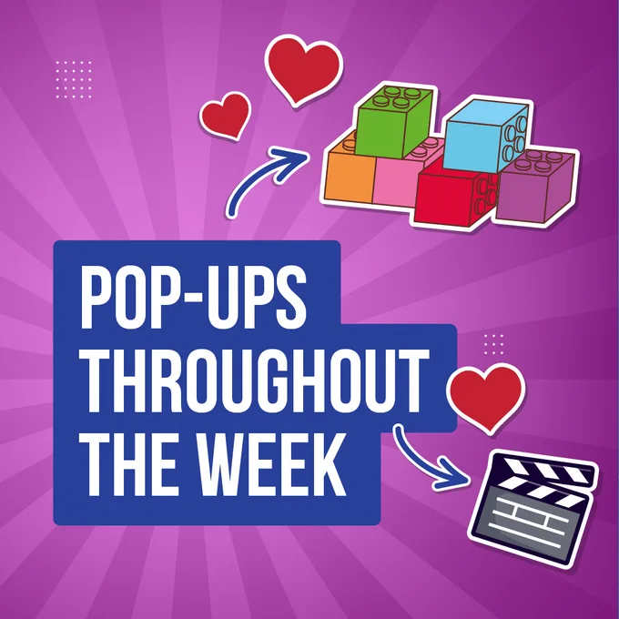 Pop-Ups Throughout the Week Pink and Purple graphic.