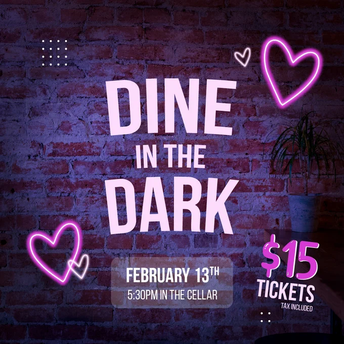 Dine in the Dark purple and pink graphics.