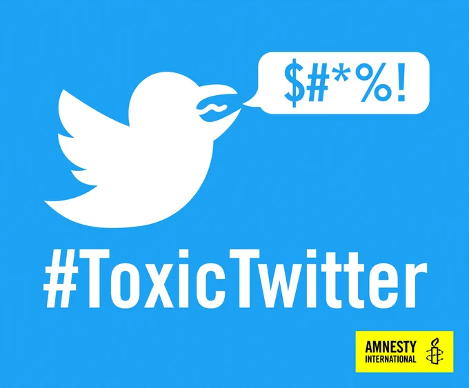 In Twitter-blue background, a white bird with an open beak and with a speech bubble with characters. #ToxicTwitter underneath in white. The amnesty yellow logo at the bottom.
