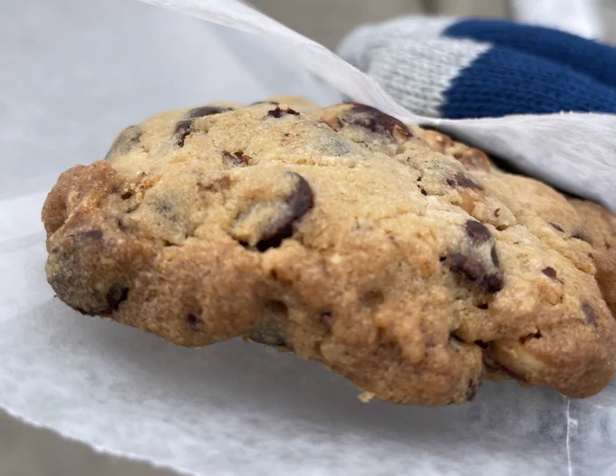 A chocolate chip and pecan cookie.