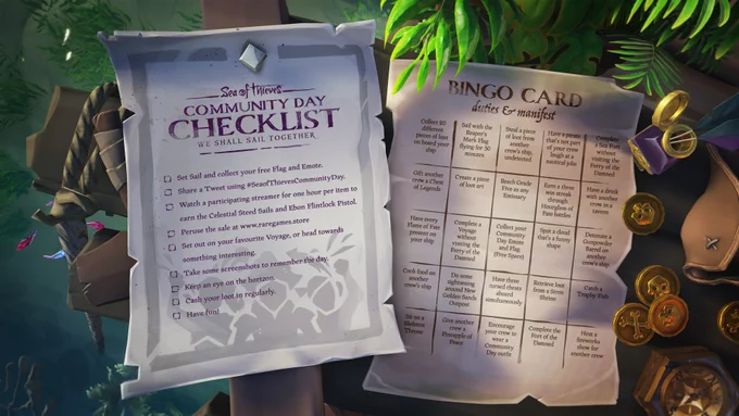 Artwork of two pieces of parchment side by side on  a wooden tabletop scattered with gold coins and surrounded by plants. The first piece of parchment has a Community Day checklist, and the second has a bingo card of activities to do in the game Sea of Thieves.