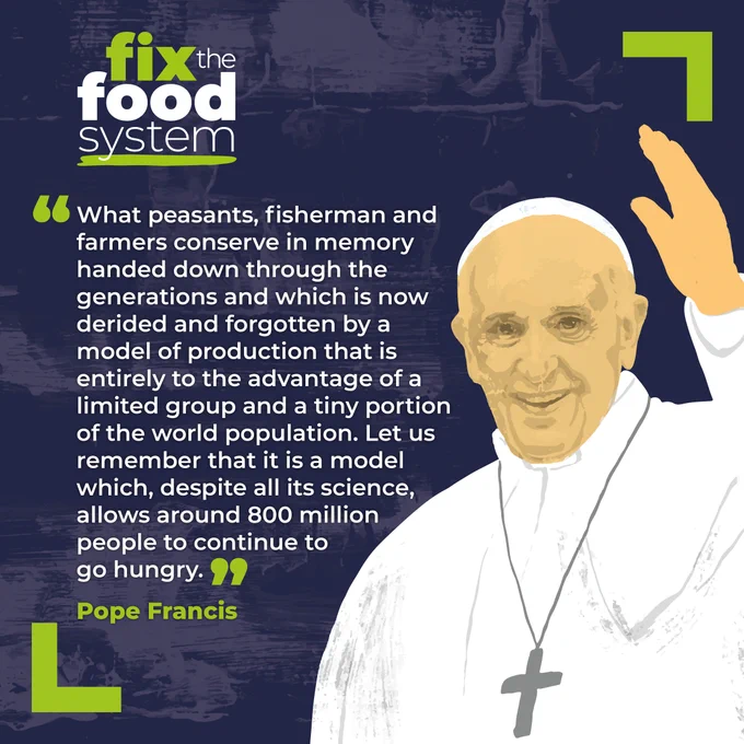 What peasants, fishermen and farmers conserve in memory handed down through the generations and which is now derided and forgotten by a mode of production that is entirely to the advantage of a limited group and a tiny portion of the world population. Let us remember that it is a model which despite all its science, allows around 800 million people to continue to go hungry." 

Pope Francis.