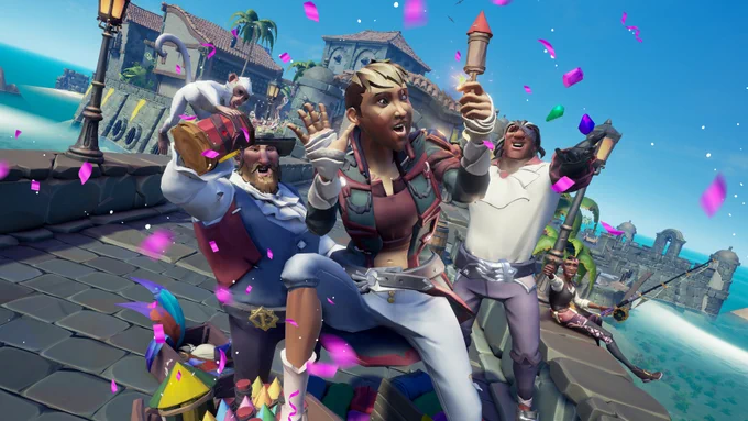 An image showing pirates celebrating. The pirate in front holds a firework, while the two pirates behind her cheer, one holding up a tankard. At their feet are boxes of fireworks and brightly coloured items. Confetti falls from the sky, and in the background there is a stone Outpost.