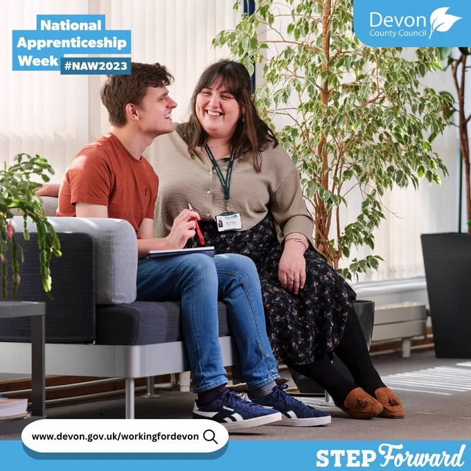 Two people sat on a sofa chatting with the National Apprenticeship Logo in the top left and Devon County Council logo in the top left. 