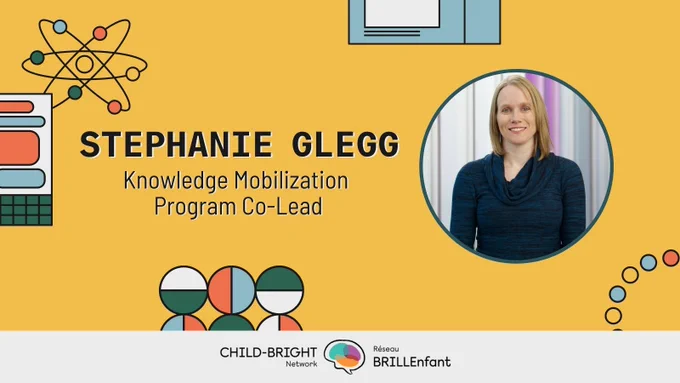 A headshot of Stephanie Glegg is set against a yellow background. Text reads: Stephanie Glegg. Knowledge Mobilization Program Co-Lead.