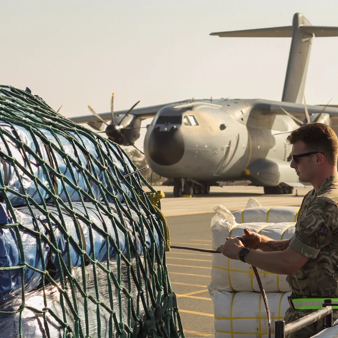 Field clinic equipment being loaded onto an RAF plane at Brize Norton.