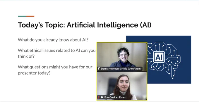 A screenshot of a presentation slide with a white background titled "Today's Topic: Artificial Intelligence (AI)" and sub points "What do you already know about AI? What ethical issues related to AI can you think of? What questions might you have for our presenter today?" On the right side is a graphic with a dark blue background and a conceptual drawing of an AI network in white. In the middle of the slide is a screenshot showing the two Zoom squares of the speakers, Denis (against a white background with a blue shirt, brown hair, and round wire glasses) and Ece (with a white turtleneck sweater and mid-length brown hair). They are smiling while in the midst of participating in discussion and answering questions.
