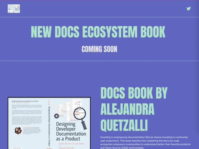 Screenshot of our book's website taken from above the fold. The text reads: NEW DOCS ECOSYSTEM BOOK 
COMING SOON, Docs book by Alejandra Quetzalli. It includes a draft of the book cover design by Apress in light blue and slate grey text.