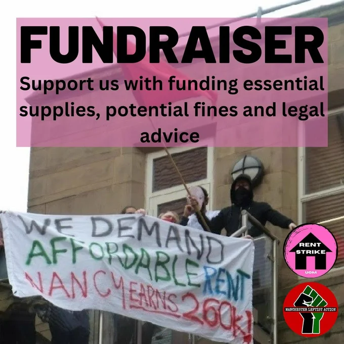 Background is a group of people with a banner and large flag. Text says 'Fundraiser. Support us with funding essential supplies, potential fines and legal advice.