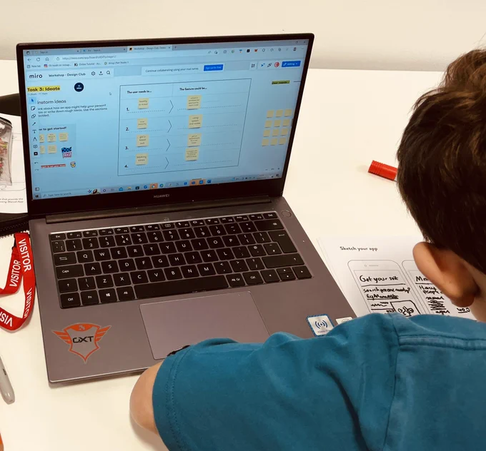 Designer working through a design challenge by collecting ideas in Miro and sketching out a journey.