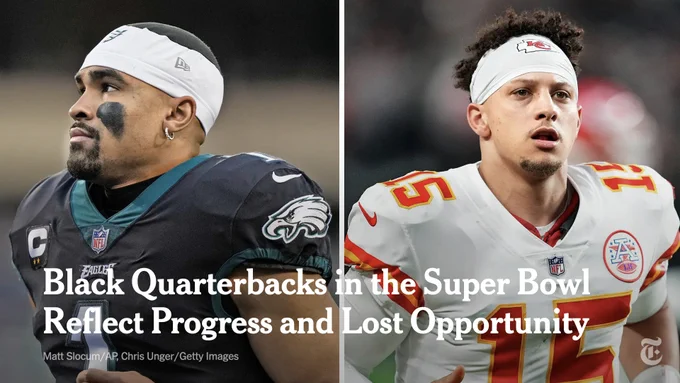 Side-by-side photos of Jalen Hurts of the Eagles and Patrick Mahomes of the Chiefs. Photo by Matt Slocum/AP, Chris Unger/Getty Images.