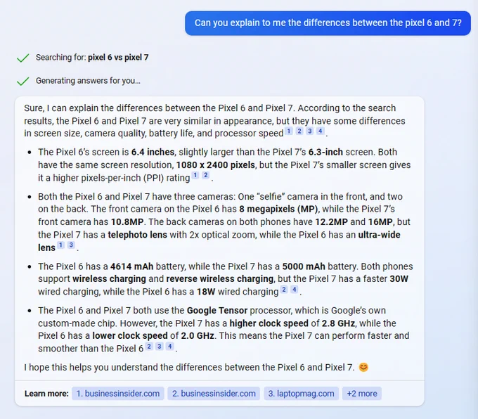 I asked the bing chat what the different between pixel 6 and 7 was - it gave a summarized list, detailing size differences, camera differences, battery differences (And similarities), and more