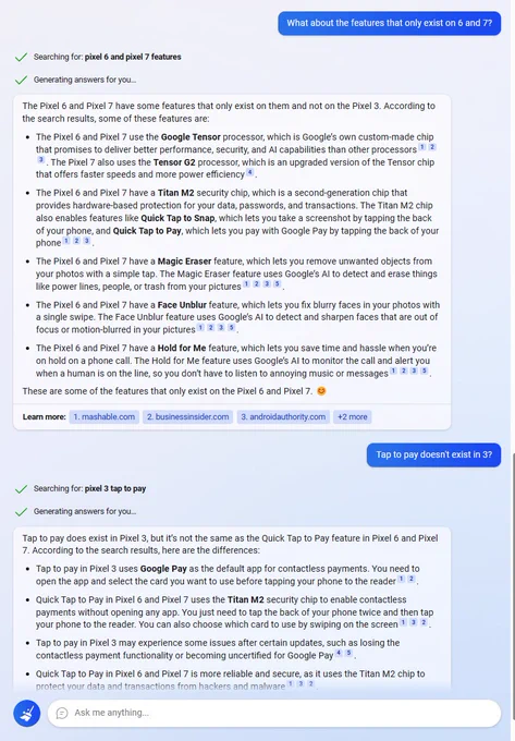 I asked it to summarize the features I would get by upgrading (it sounds nice), and when I asked it about the tap to pay feature, it explained to me that while pixel 3 has tap to pay, it's not as good as what exists on the 6 & 7