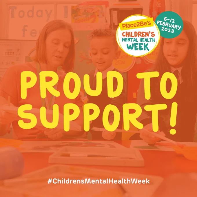 Place 2 Be Childrens Mental Health Week poster, with an orange background with 3 young people in a classroom reading a classbook.