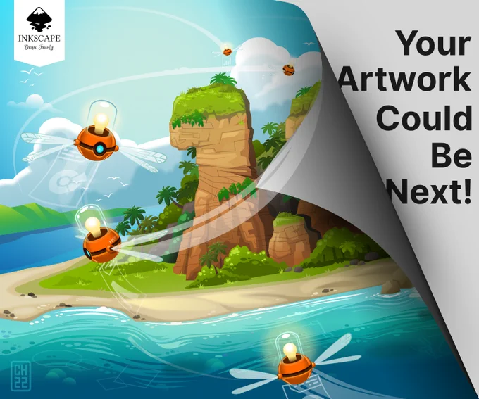Inkscape 1.2 About Screen being peeled back to reveal a white corner with the words "Your Artwork Could Be Next!" to launch the Inkscape 1.3 About Screen Contest.