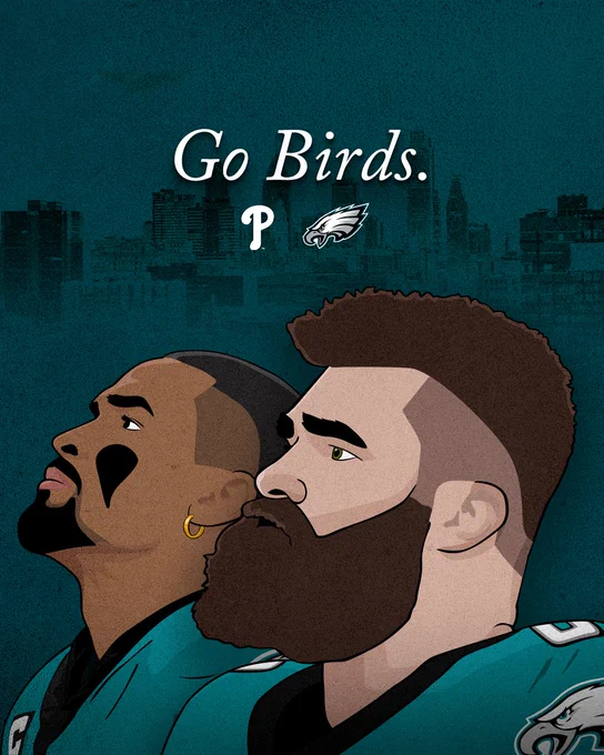 Illustration of Jalen Hurts and Jason Kelce with the Philadelphia skyline in the background. In the middle is text that reads "Go Birds." in italics and the Phillies and Eagles logos are beneath the text.