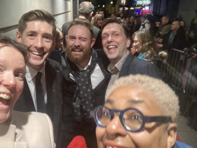 Laura Collier, Andrew Butler, Jimmy Fairhurst, Conrad Lynch and Natalie Ibu pose for a selfie at the WhatsOnStage awards