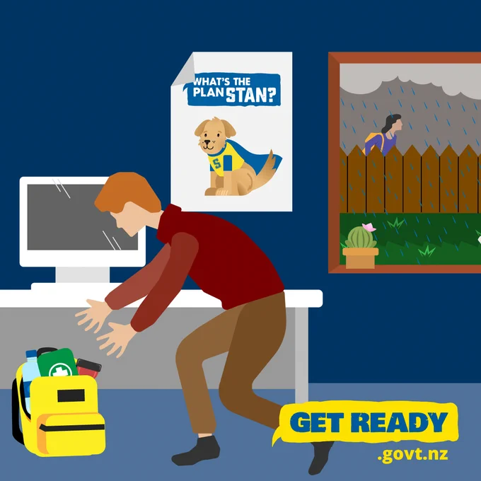 Image of a man picking up a grab bag while someone else evacuates in the rain outside the window.