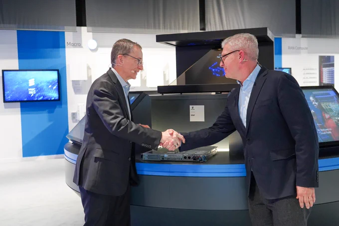 Intel CEO Pat Gelsinger and Ericsson CEO Börje Ekholm shake hands at Mobile World Congress in Barcelona