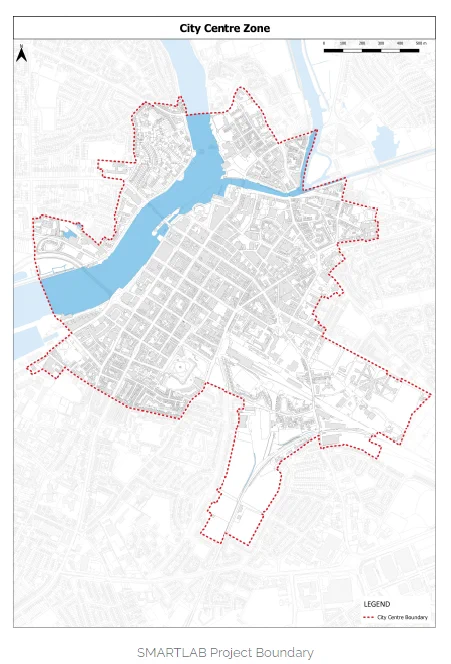 Map of the Limerick City Centre Zone which makes up the boundary of the SMARTLAB project
