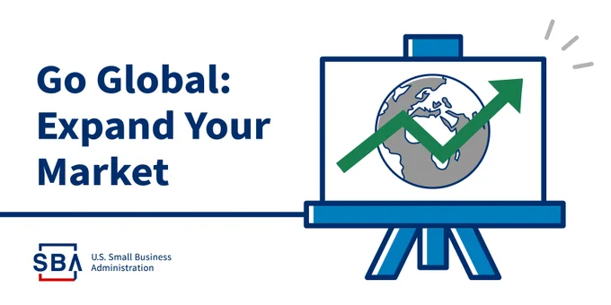 To the right a sign with a globe and arrow pointing upwards.  To the left "Go Global: Expand Your Market" SBA logo bottom left.