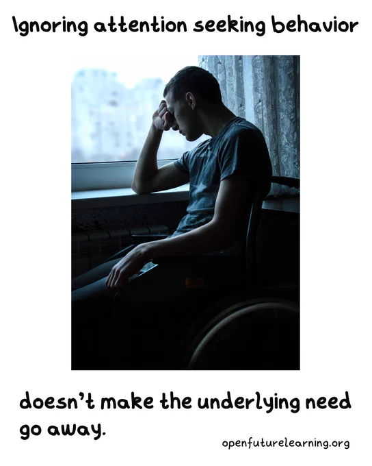 ID: Image shows a young man slouched sat in a wheelchair in a darkened room with his head in his hand. Text reads: Ignoring attention seeking behavior doesn't make the underlying need go away