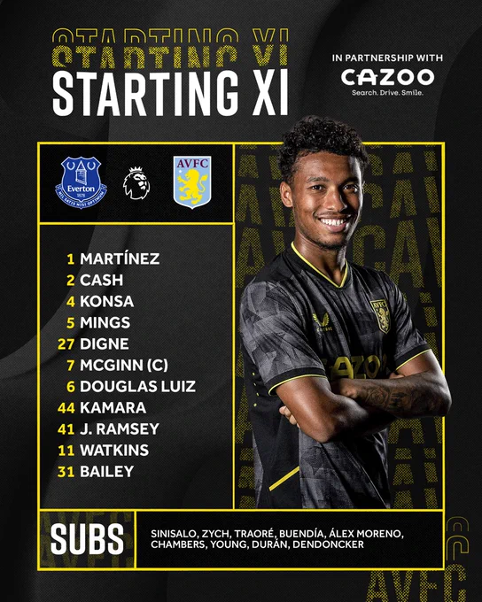 Aston Villa team to face Everton: Martínez, Cash, Konsa, Mings, Digne, McGinn (captain), Douglas Luiz, Kamara, Jacob Ramsey, Watkins, Bailey. Substitutes: Sinisalo, Zych, Traoré, Buendía, Álex Moreno, Chambers, Young, Durán, Dendoncker.