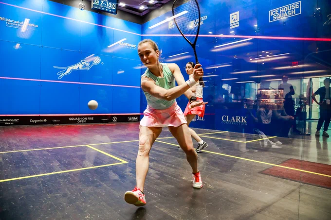 Tinne Gilis plays a backhand shot during her semi-final with Farida Mohamed at the Squash On Fire Open
