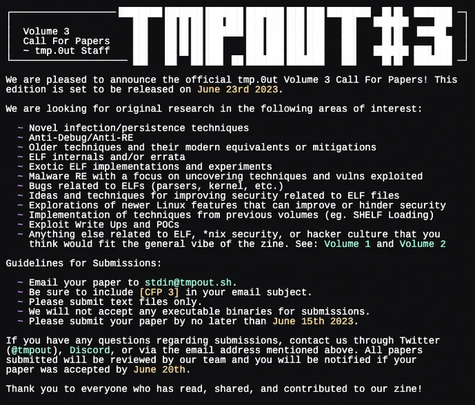 CFP announcement page for tmp.0ut volume 3. Full text is linked in the original tweet.
